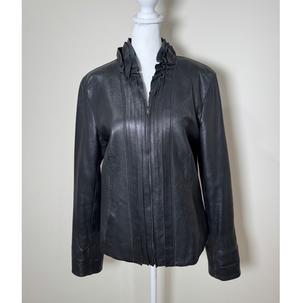 Tahari Black Leather Ruffle Collar Zipper Front Jacket Women's Size M